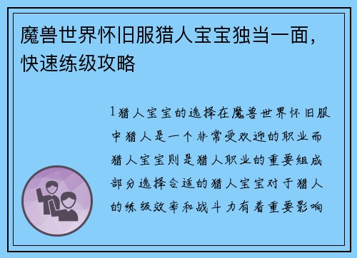 魔兽世界怀旧服猎人宝宝独当一面，快速练级攻略