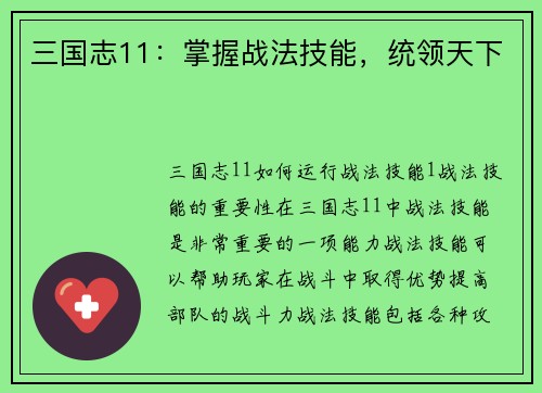 三国志11：掌握战法技能，统领天下