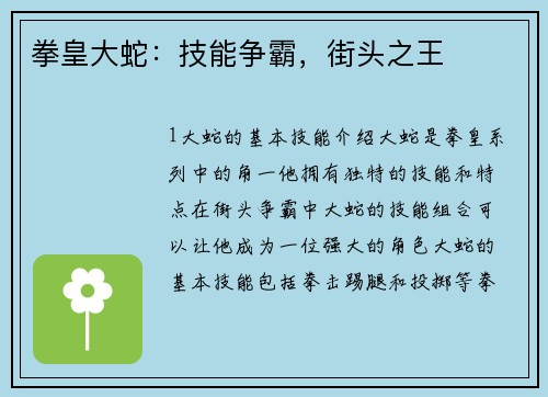 拳皇大蛇：技能争霸，街头之王